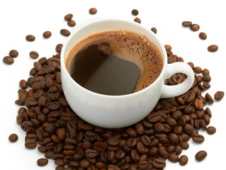 cup of coffee with coffee beans