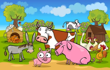 Abwaschbare Fototapete Bauernhof Cartoon ländliche Szene mit Nutztieren