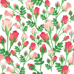 seamless pattern with pink, lilac and red roses on white