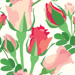 seamless pattern with pink, lilac and red roses on white,Print