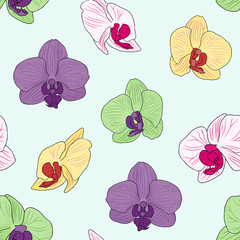 Seamless Orchid flower background tile in bright color scheme