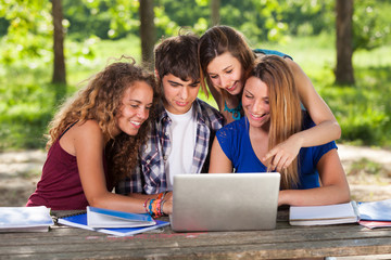 Fototapeta na wymiar Grupa nastoletnich uczniów w parku z komputera i książek