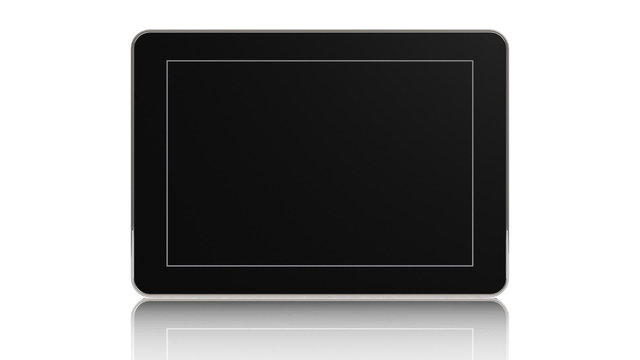 Tablet computer spins into the frame, holds, then spins back.