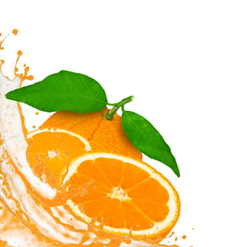 Orange with splash isolated on white