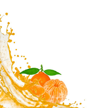 Tangerine with slices and splash isolated on white