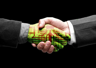 hand shake of two leaders with technology