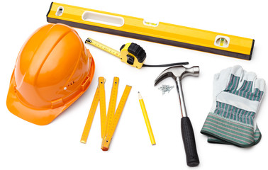 Hard hat, pencil, line, hammer, nails,and level, isolated