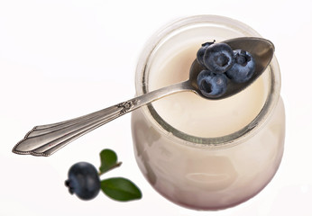 Ripe blueberries in the yogurt close up