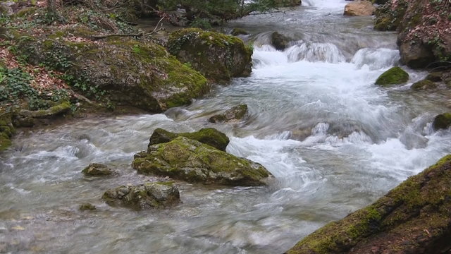 Rapid mountain river, with small waterfalls.