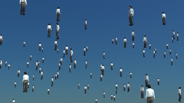 Sky is filled with floating men.