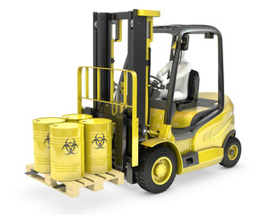 Fork lift truck with biohazard barrels