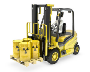 Fork lift truck with radioactive barrels