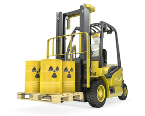 Fork lift truck with radioactive barrels