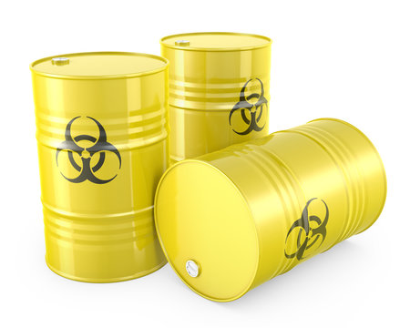 Three yellow barrels with biohazard symbol