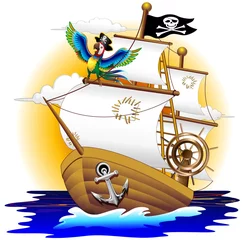 Garden poster Draw Nave Pirata con Pappagallo-Pirate Ship and Cartoon Macaw