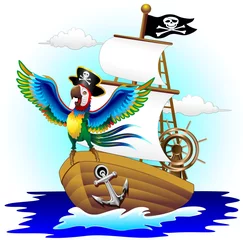 Photo sur Aluminium Pirates Pappagallo su Nave Pirata Cartoon Pirate Macaw Parrot on Ship