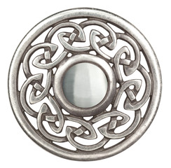 Silver celtic brooch in isolated on white  Super macro - obrazy, fototapety, plakaty