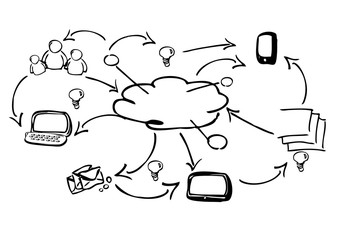Cloud computing social media apps black and white sketch