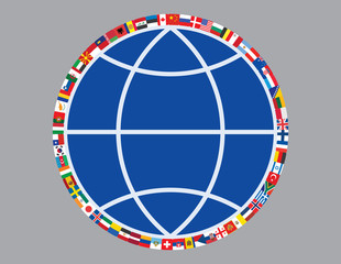 flags around sign of globe vector illustration