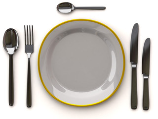 White empty plate with fork, spoon and knife on white