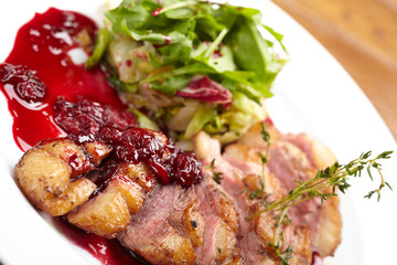 grilled steak with cherry sauce