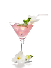 martini glass of cocktail with ice and flowers isolated on