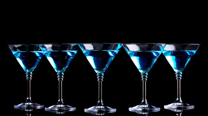 Blue cocktail in martini glasses isolated on black