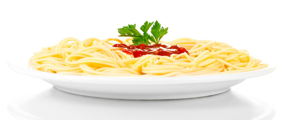 Italian spagetti cooked in a white plate isolated on white