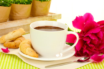 cup hot chocolate, cookies  and flower on table in cafe