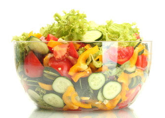 fresh vegetable salad in transparent bowl isolated on white