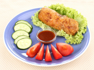 Tasty meat cutlet with garnish on plate