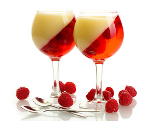fruit jelly with raspberries in glasses isolated on white