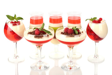 fruit jelly with chocolate and pberries in glasses isolated