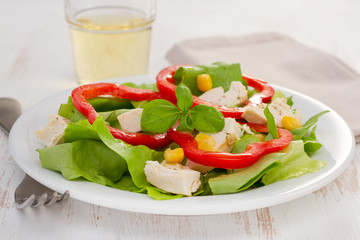 salad with chicken on the white plate