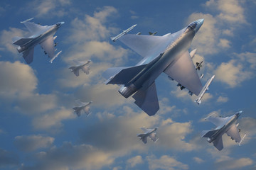 Fototapety  wojskowy samolot odrzutowy lecący nad chmurami