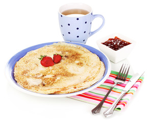 Stack of tasty pancakes isolated on white