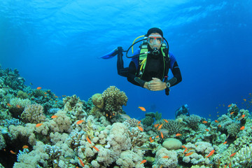 Naklejka na ściany i meble Scuba Diver bada rafy koralowej w Morzu Czerwonym