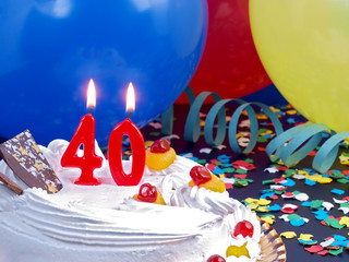 Birthday cake with red candles showing Nr. 40