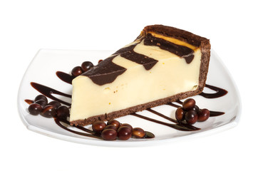 cheesecake with chocolate sauce.