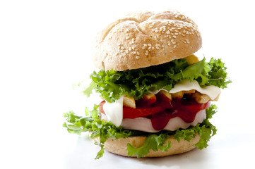 big hamburger, french fries and vegetables