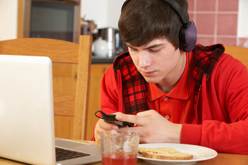 Teenage Boy Using Laptop And Listening To MP3 Player Whilst Eati