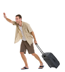 Happy tourist with wheels bag hurry to airplane