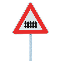 Level crossing with barrier or gate ahead traffic sign isolated