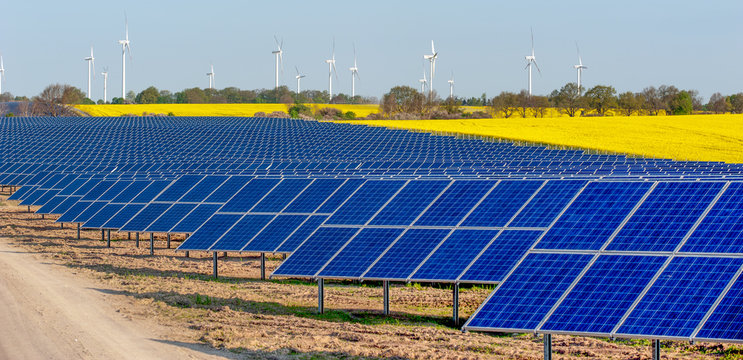Windkraftr&auml;der und Solarmodule in einem Rapsfeld