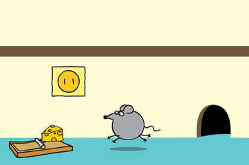 Happy mouse and cheese on a trap