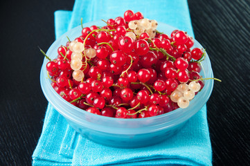 Horizontal shot of a plastic container full of red currant