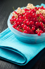 Close-up of ripe red currant in a plastic container