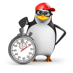 3d Penguin in baseball cap with stopwatch