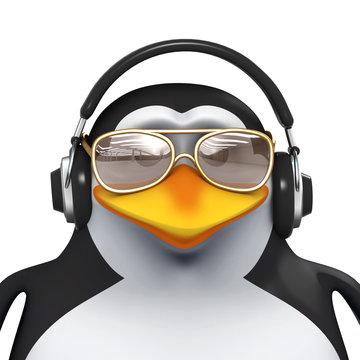 3d Penguin is cool listening to his headphones