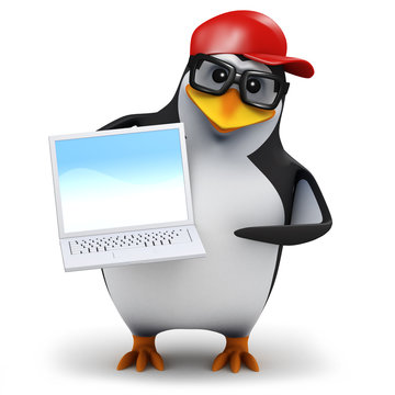 3d Penguin in baseball cap with laptop